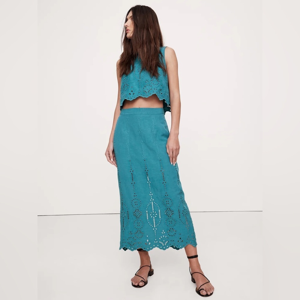 New! Banana Republic Blue Tencel-Linen Eyelet Maxi Skirt 12 Tall Only